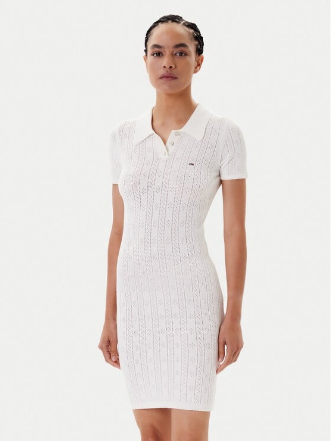 Tommy Jeans Sukienka dzianinowa Pointelle DW0DW20874 Écru Slim Fit