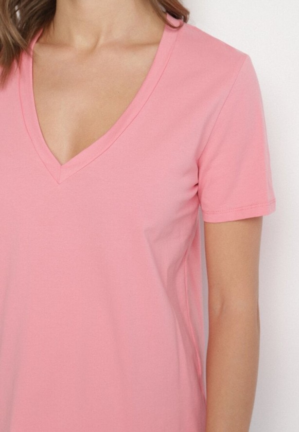 Różowy Bawełniany T-shirt z Dekoltem w V Ninoriana