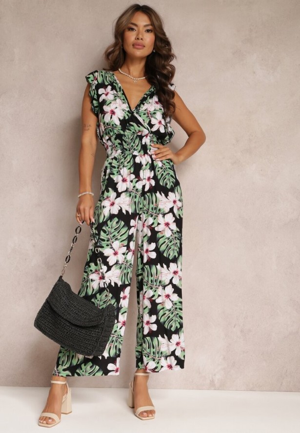 Czarno-Zielony Długi Kombinezon Bawełniany w Kwiaty Vegita