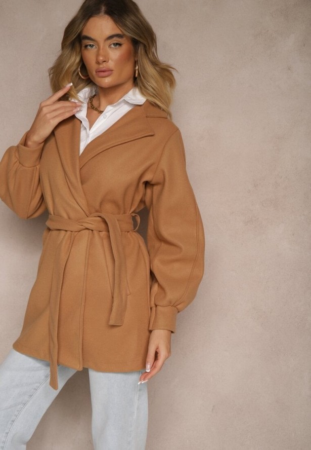 Ciemnobeżowy Płaszcz z Wiązanym Paskiem i Bufiastym Rękawem Agnage