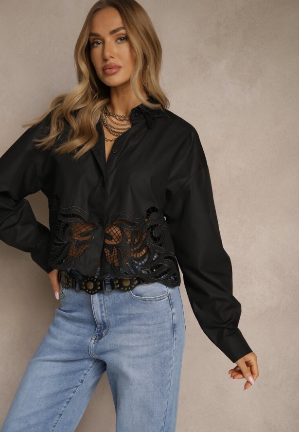 Czarna Koszula Oversize z Wiskozą o Krótkim Kroju z Ażurowymi Zdobieniami Dorbia