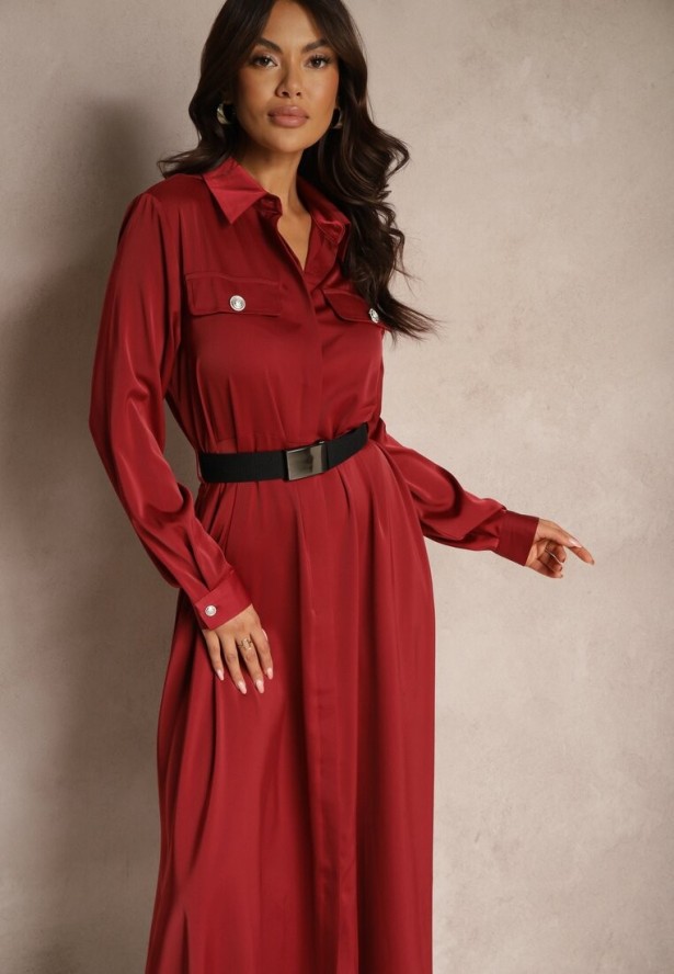 Bordowa Satynowa Sukienka w Stylu Szmizjerki z Imitacjami Kieszeni i Paskiem Vaminay