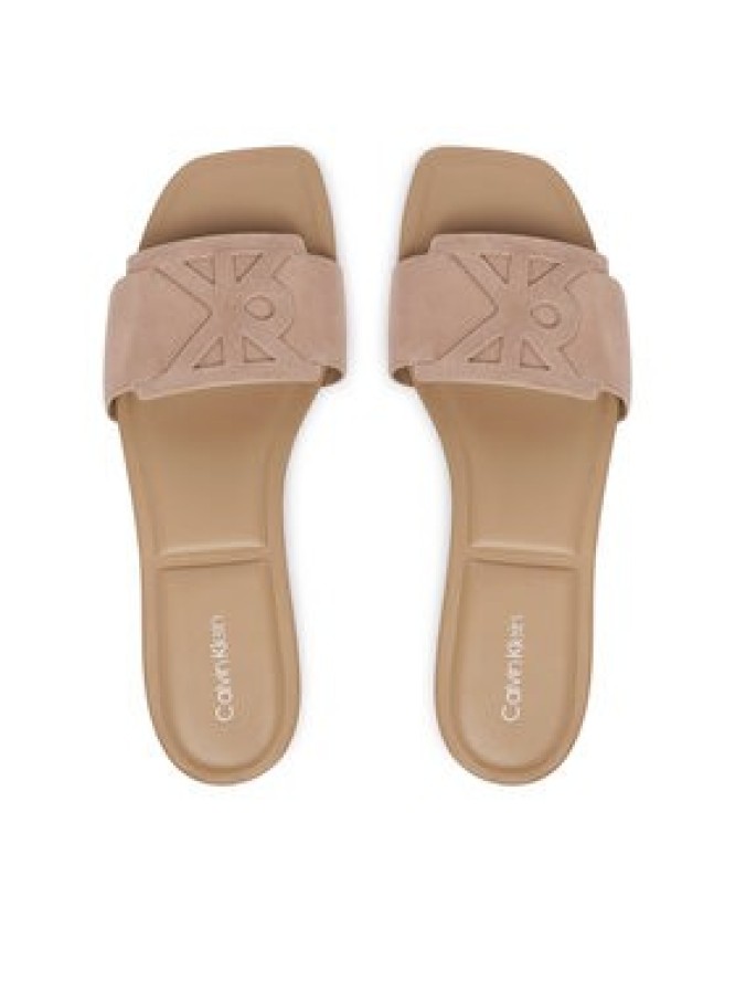 Calvin Klein Klapki Square Flat Sndl Embl Suede HW0HW03055 Beżowy