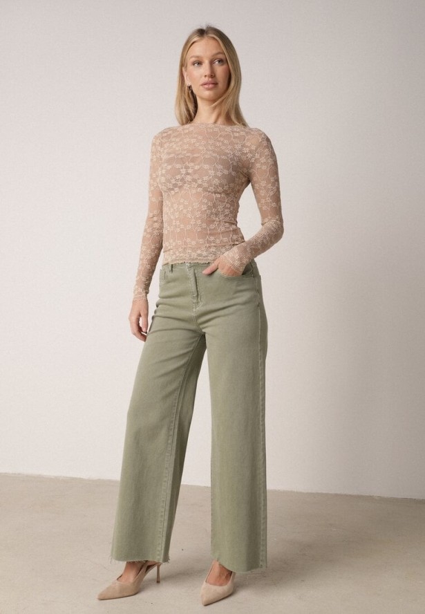 Beżowa Bluzka Koronkowa z Transparentnego Materiału Hermatea