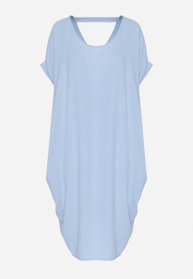 Niebieska Mini Sukienka z Krótkim Rękawem o Fasonie Nietoperza Kharson