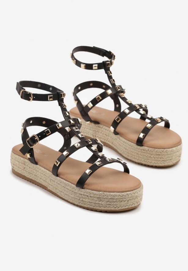 Czarne Sandały w Stylu Gladiatorek na Grubej Podeszwie z Plecionki Sonalisa