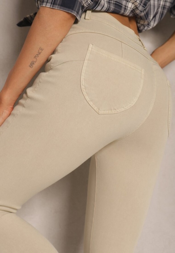 Beżowe Skinny Jeansy z Bawełną High Waist Lorie