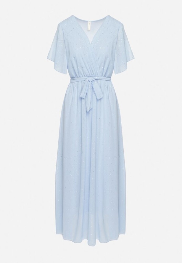 Niebieska Brokatowa Sukienka Koktajlowa Ozdobiona Paskiem Ziliane