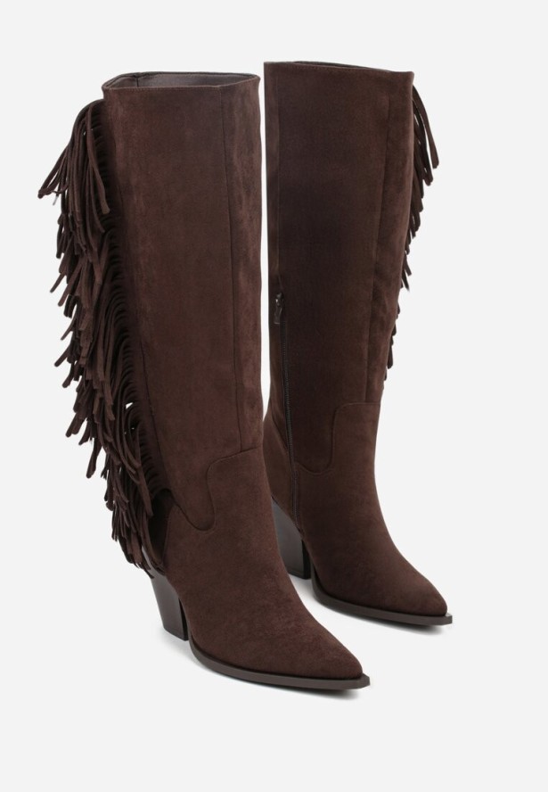 Ciemnobrązowe Kozaki Kowbojki na Stożku z Imitacji Zamszu Zdobione Frędzlami Rabella