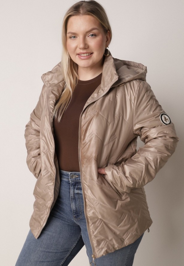 Ciemnobeżowa Pikowana Kurtka Przejściowa o Prostym Kroju z Kapturem Vimoris