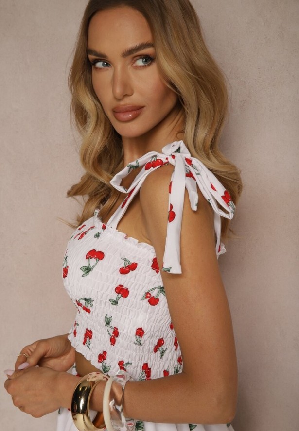 Biały Komplet Top z Kokardkami i Spódnica w Print z Wisienkami Talitora