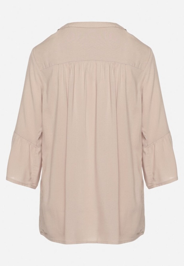 Ciemnobeżowa Wiskozowa Bluzka z Falbankami przy Rękawach Tialavelle