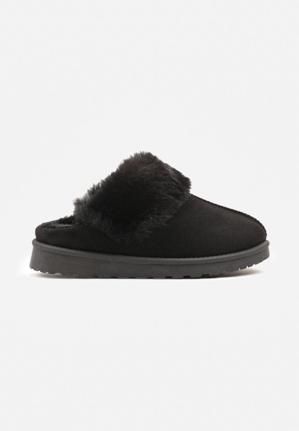 Czarne Wsuwane Kapcie z Imitacji Zamszu z Futrem Boreti