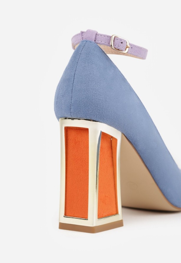 Niebieskie Czółenka na Obcasie z Metaliczną Wstawką i Paskiem Wokół Kostki Linnolira