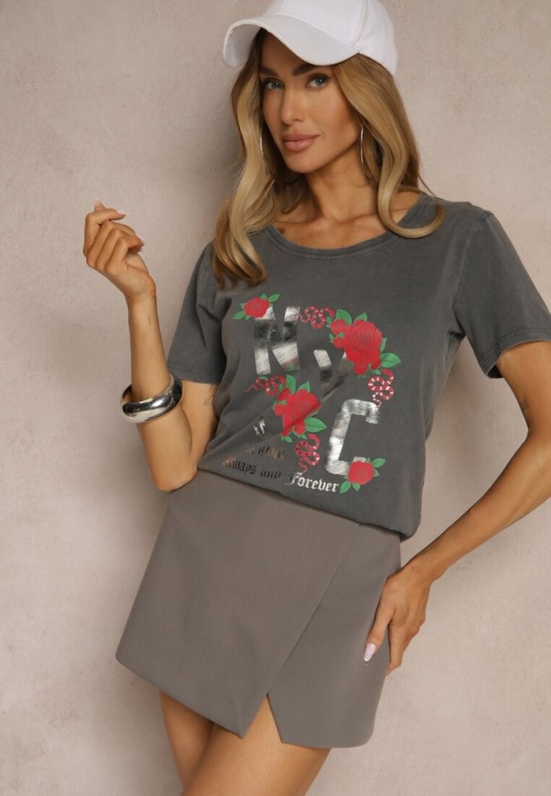 Ciemnoszary Bawełniany T-shirt z Kwiatami i Napisami Savinele