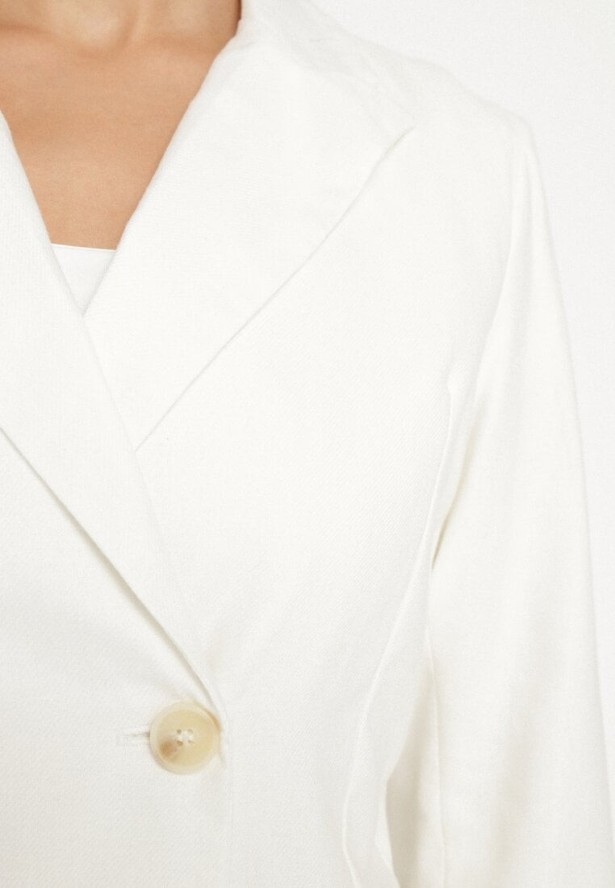 Biała Dwurzędowa Marynarka z Lnem Bawełną i Imitacją Kieszeni Fenarosa