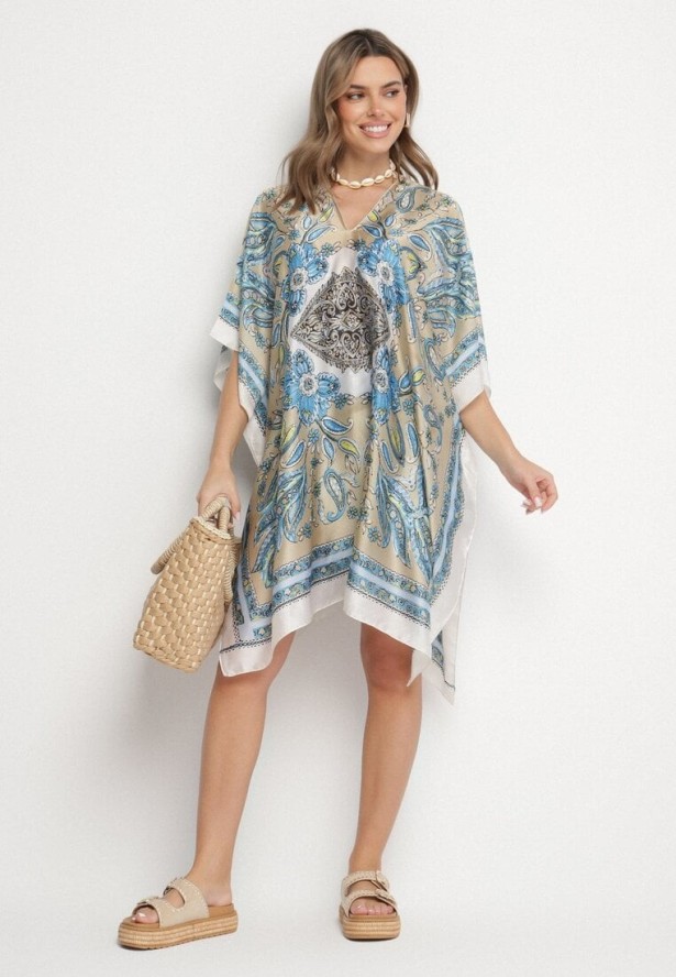 Beżowe Lekkie Ponczo Narzutka z Jedwabiu i Wiskozy w Ornamentalny Wzór Azendia