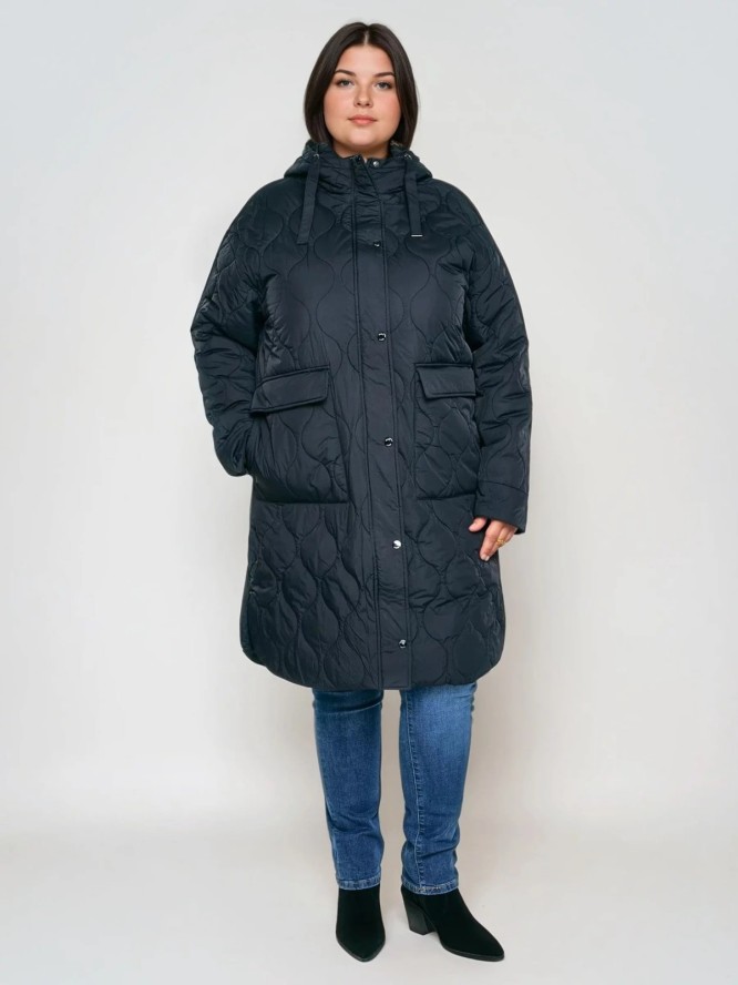 Płaszcz damski oversize z ozdobnym pikowaniem czarny Kinnetisa 906