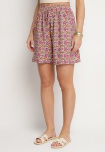 Różowe Bawełniane Szorty z Wysokim Stanem w Kwiaty Napione
