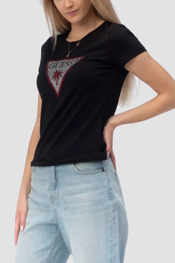 GUESS Czarny damski t-shirt z logo z cyrkoniami Triangle Rhinestones, Rozmiar XL