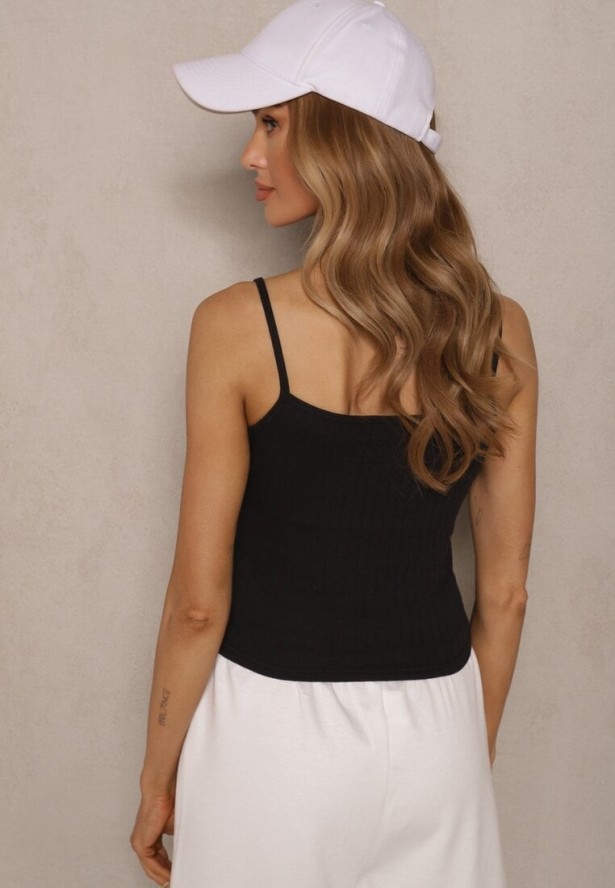 Czarny Top na Ramiączkach z Prążkowanej Tkaniny z Wiskozą Zdobiony Kokardką Iffenia