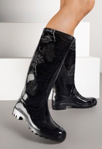 Czarne Klasyczne Kalosze Zdobione Roślinnym Printem Qurene