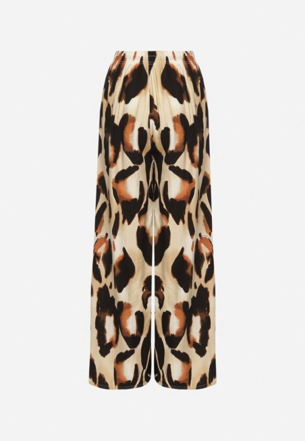 Beżowe Spodnie z Wiskozy o Szerokim Kroju z Wysokim Stanem w Panterkę Zelmara