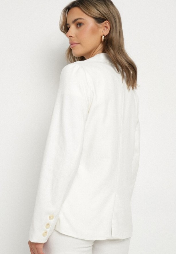 Biała Dwurzędowa Marynarka z Lnem Bawełną i Imitacją Kieszeni Fenarosa