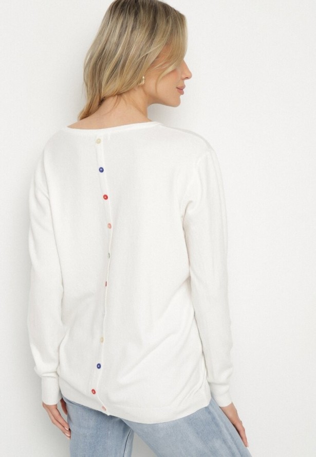 Biały Sweter z Kaszmirem i Ozdobnymi Kieszeniami Sanarea