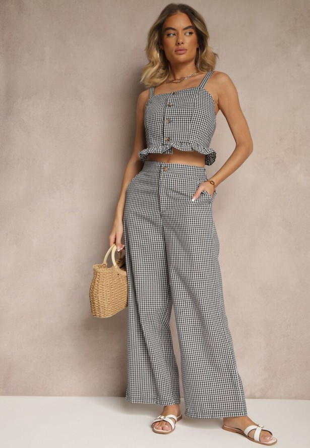 Czarna Bluzka Top w Kratę z Guzikami i Falbanką Falionna