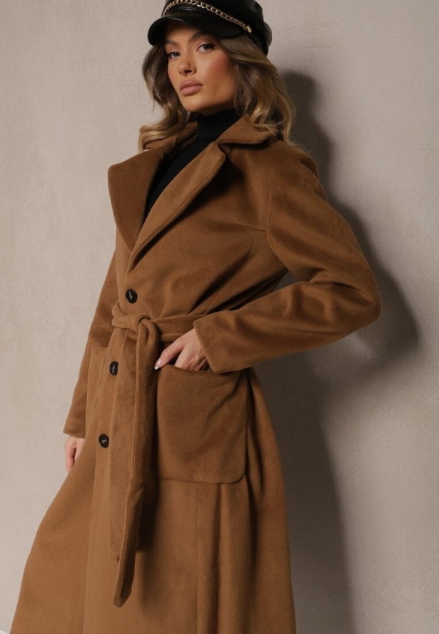 Brązowy Długi Płaszcz Jednorzędowy z Paskiem w Talii Zeneti