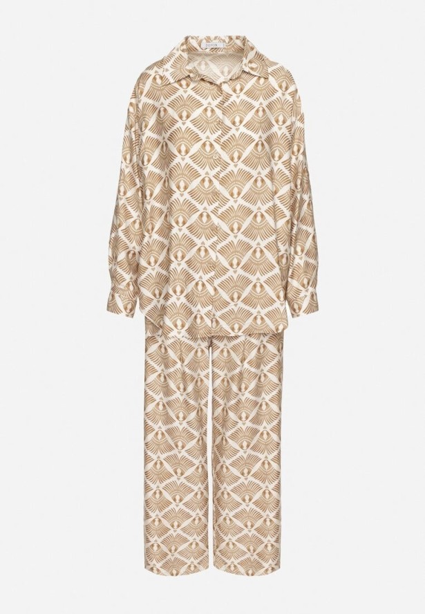 Beżowo-Brązowy Wiskozowy Komplet w Etniczny Wzór Koszula i Spodnie Desaviana