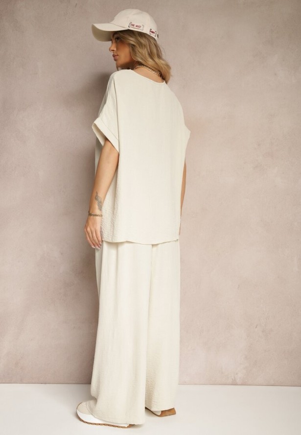 Ciemnobeżowy Bawełniany Komplet Spodnie o Szerokim Kroju i T-shirt Oversize Seltebis