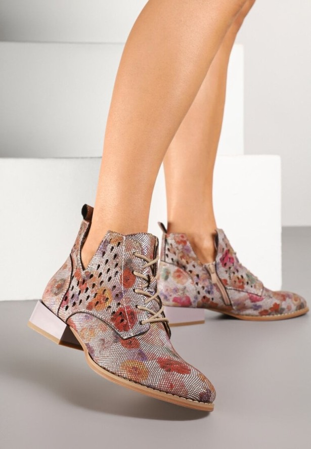 Szaro-Czerwone Ażurowe Botki ze Skórzaną Wkładką z Wycięciem Nanalitia