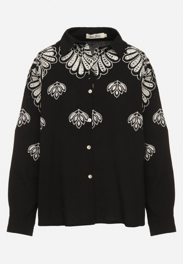 Czarna Bawełniana Koszula Zdobiona Ażurowym Haftem Nevriona