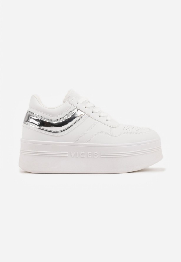 Biało-Srebrne Sneakersy VICES na Grubej Podeszwie z Przeszyciami i Tłoczeniem Berolle