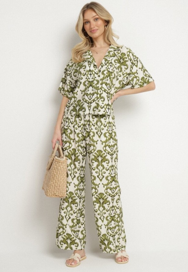 Ciemnozielony Komplet z Wiskozy w Ornamentalny Wzór Koszula i Spodnie Evialirae