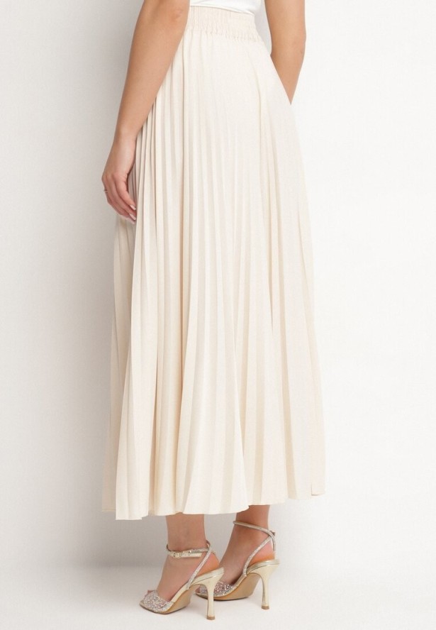 Jasnobeżowa Spódnica Plisowana o Rozkloszowanym Kroju z Gumką w Talii Sarlimi
