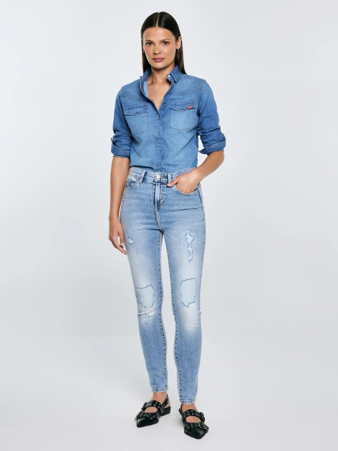 Jeansy damskie z wysokim stanem z przetarciami jasnoniebieskie Adela High Waist 156