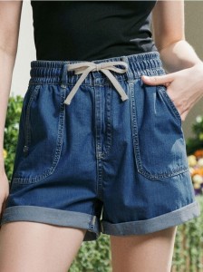 Szorty jeansowe paperbag high waist - niebieski