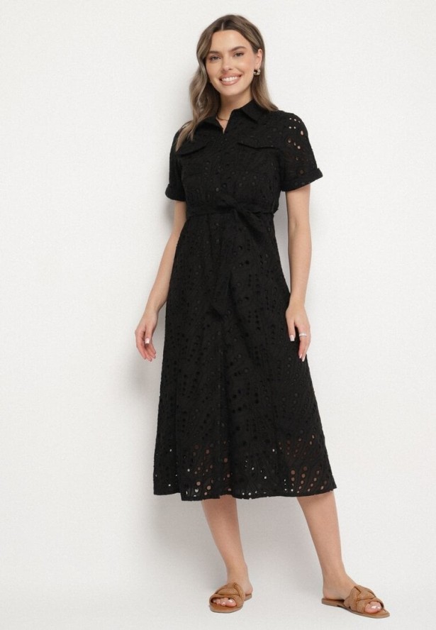Czarna Koszulowa Sukienka Haftowana z Paskiem Rinessa