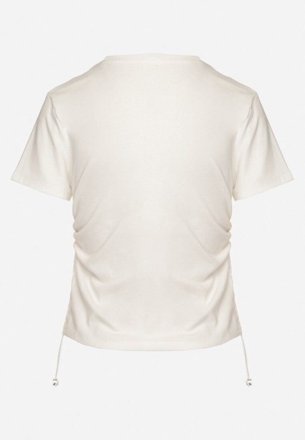 Biały T-shirt z Bawełny z Ozdobnym Nadrukiem Troczkami i Cyrkoniami ilretia