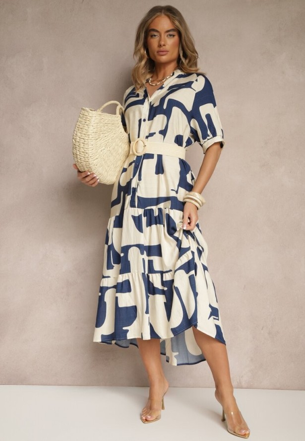 Granatowa Sukienka z Wiskozy Ozdobiona Geometrycznym Motywem Filorea