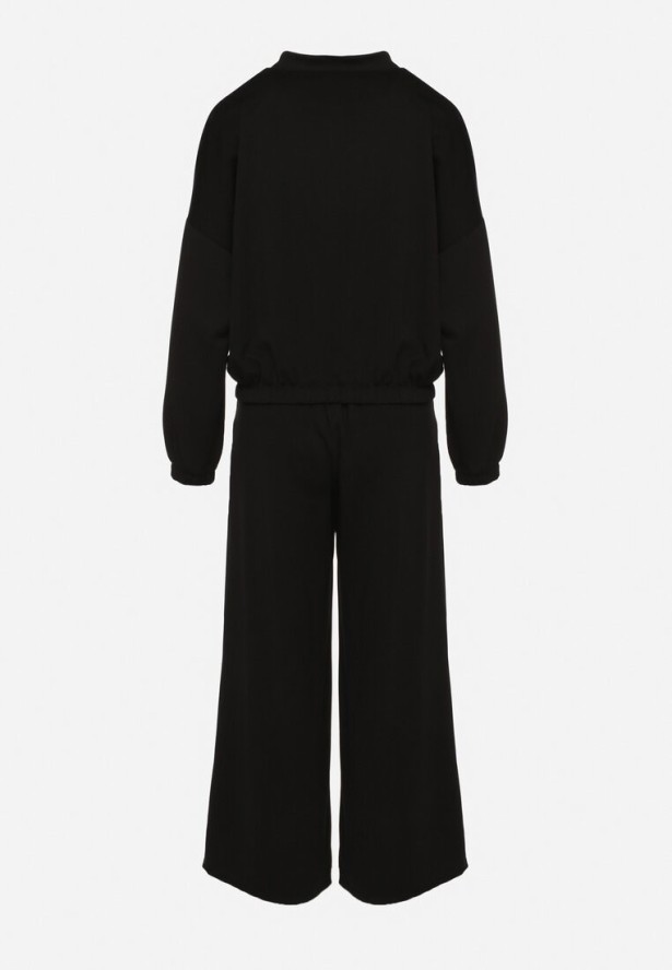 Czarny Komplet Dresowy z Wiskozą Szerokie Spodnie i Bluza ze Stójką i Broszką Redasena