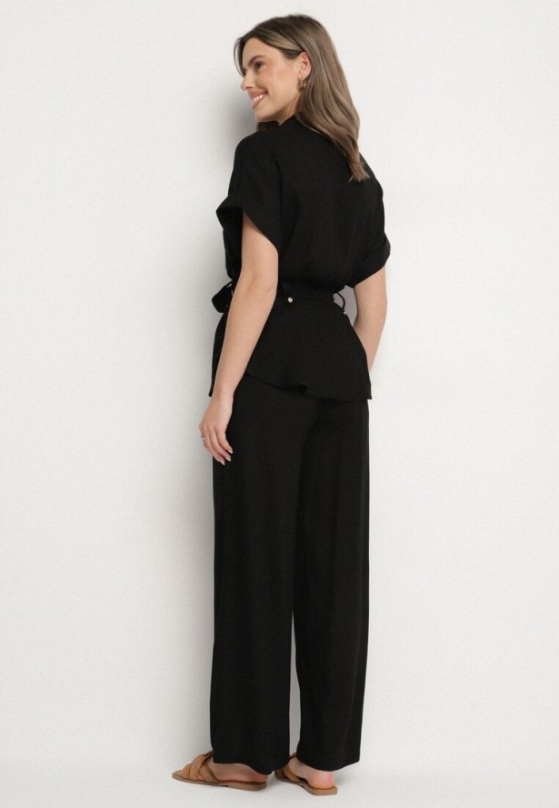 Czarny Komplet z Bawełną Koszula Ozdobiona Paskiem i Spodnie Rinosella