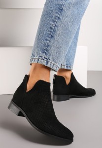 Czarne Ażurowe Botki Sztyblety z Wycięciami i Suwakiem z Tyłu ze Skórzaną Wkładką Melodisse