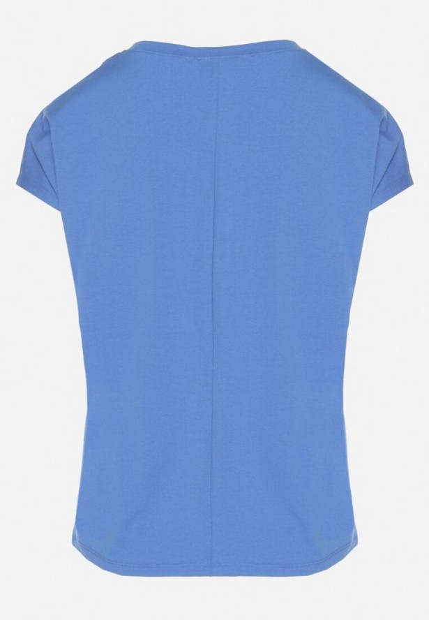 Niebieski Bawełniany T-shirt z Trójkątnym Dekoltem Linarosea