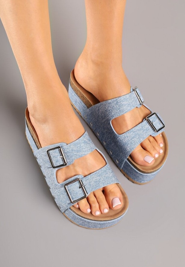 Niebieskie Klapki na Grubej Podeszwie z Dwoma Klamrami Filenora