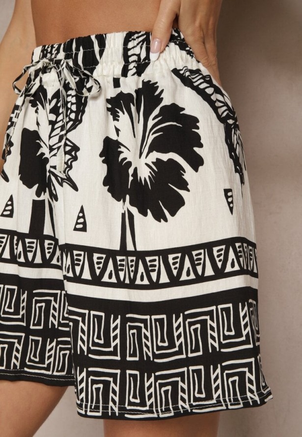 Czarno-Białe Wiskozowe Szorty High Waist z Motywem Roślinnym Mirenalia