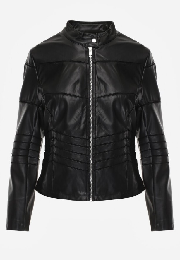 Czarna Kurtka Ramoneska z Geometrycznymi Przeszyciami Besilda